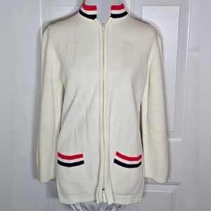 Cream Zip-Up Cardigan with Red and Black Stripes